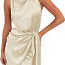 ZESICA Women's 2025 Fashion Satin Sleeveless Halter Neck Tie Waist Wrap Bodycon Cocktail Party Mini Dress (Medium, Champagne)