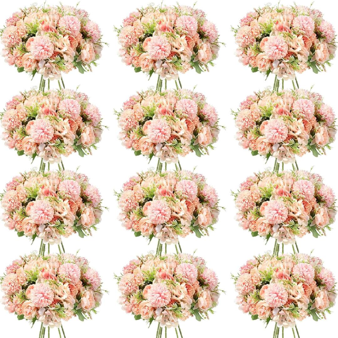 Tigeen Artificial Flowers Artificial Peonies Silk Flowers Faux Peony Fake Peony Silk Hydrangea Bouquet for Wedding Table Centerpiece Floral Vase Decor(Light Pink,12 Bundles)