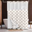 Tititex No Hooks Snap in Liner White Cream Checkerboard Shower Curtain Sets, Hotel Luxury Grid Double Layers Waterproof Fabric & See-Through Top Window Bathroom Decorative 72x72 Inch