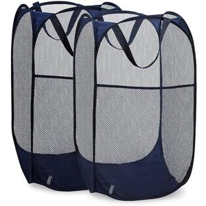 Handy Laundry Collapsible Mesh Pop Up Hamper with Wide Opening and Side Pocket – Breathable, Sturdy, Foldable, and Space-Saving Design for Clothes and Storage. (Blue | 2-Pack)