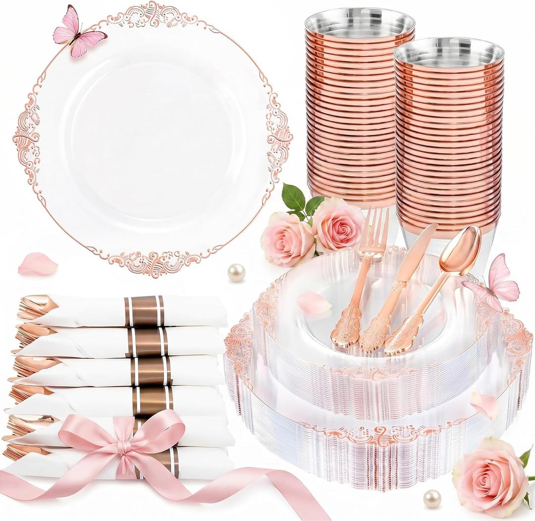Nervure 175PCS Rose Gold Plastic Plates - Disposable Rose Gold Party Plates & Pre Rolled Napkins with Cutlery for 25 Guests, 50Plates, 75Silverware, 25Cups, 25Napkin for Wedding & Party & Mothers Day