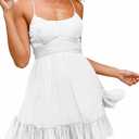 Dokotoo Women's Crew Neck Spaghetti Strap Dresses Bowknot Backless Sleeveless Mini Dress Elastic Waist Ruched Ruffle Hem A-Line White Sundress, XL