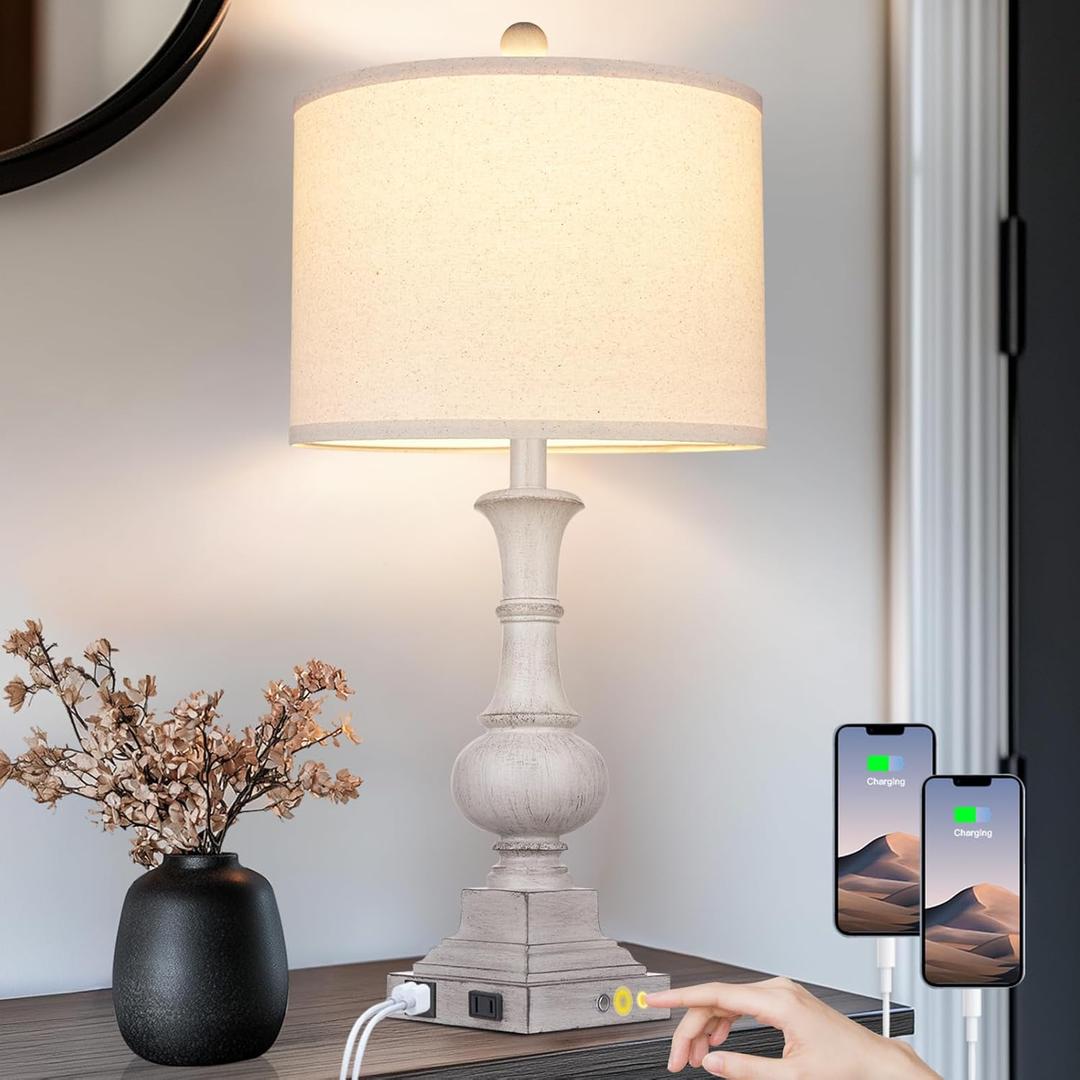 26" Farmhouse Lamp with 2 USB Ports & AC Outlet, Vintage Rustic Touch Control Bedside Lamp, Resin 3-Way Dimmable Nightstand Lamp Fabric Shade for Living Room Bedroom Decor Gray(LED Bulb Included)