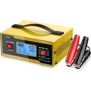 AUTOUTLET Upgraded 6/8/12/14/16/24V Battery Charger Automotive Smart Car Battery Charger and Trickle Maintainer 0-10A Fully Automatic with Cable Clamps (Yellow)
