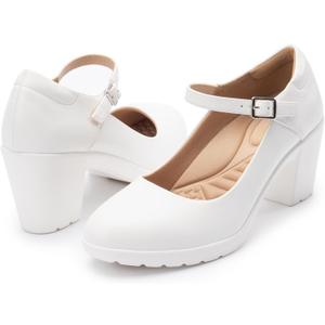 Mary Jane Heels with Arch Support, Closed Round Toe Chunky Pumps for Women, Comfortable Block Heel Dress Shoes (11, White)