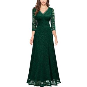 MISSMAY Women's Formal Floral Lace 2/3 Sleeves Bridesmaid Party Maxi Dress (Green, XL)
