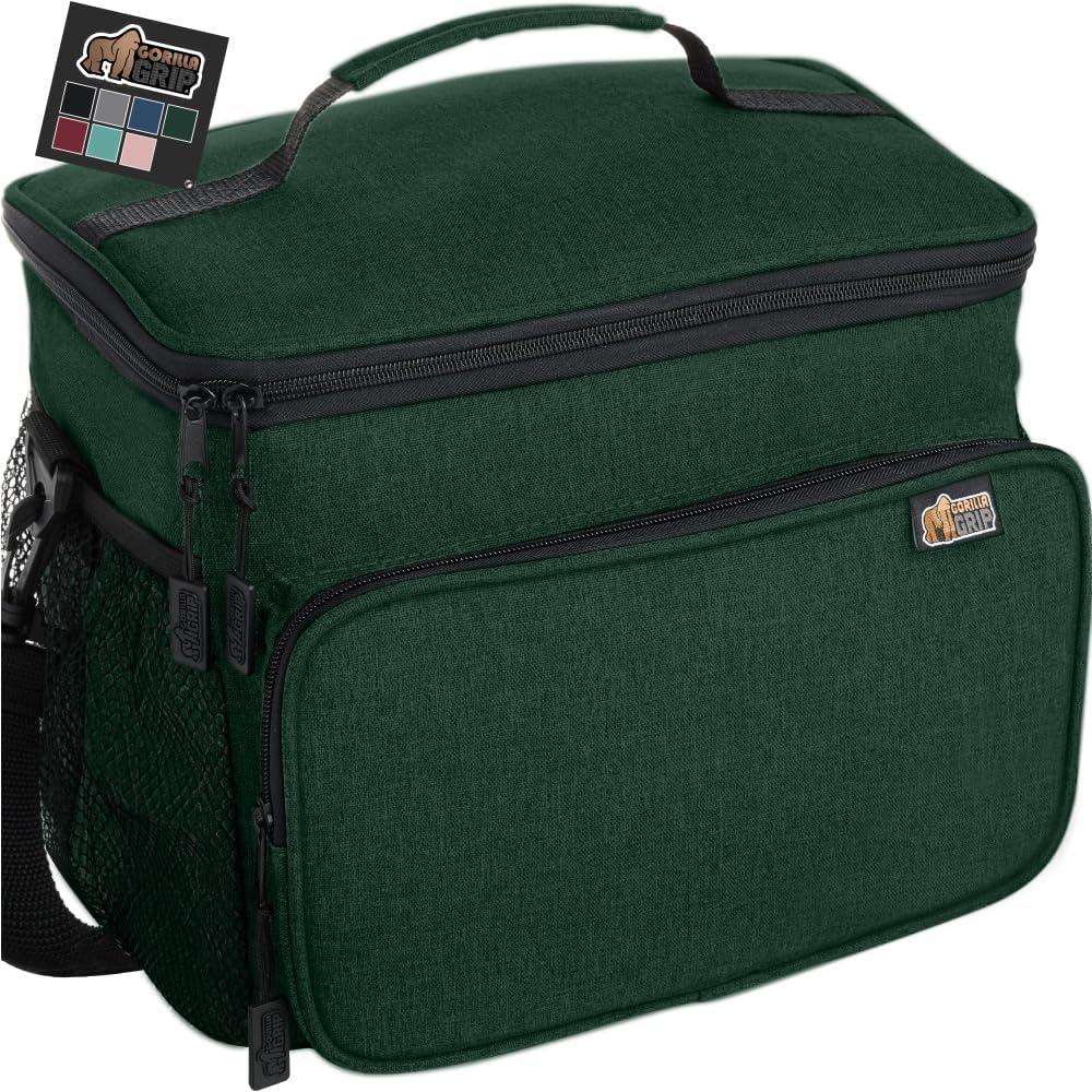 GORILLA GRIP Insulated Lunch Box Bag for Women Men, 15L, Leakproof Reusable Soft Cooler Bags, Multiple Compartments, Mesh Pockets and Adjustable Strap, Food Tote Keeps Drinks Cold, 13x9, Hunter Green