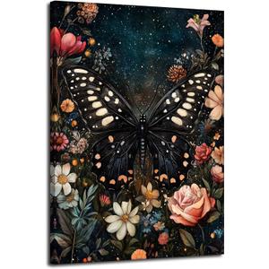 Butterfly under the Starry Sky Canvas Wall Art Dark Floral Butterfly Wall Decor Pictures Moody Vintage Botanical Moth Poster Prints Gothic Dark Academia Painting Decoration 12X16in Ready to Hang