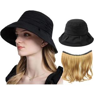 Summer Women's Beach Sun Hat, Wide Brim Sun Protection, Lightweight Cotton Hat with Hair Attached via Magic Tape