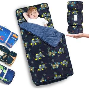 Primlect Thickened Toddler Nap Mat with Removable Pillow and Minky Blanket, Extra Large 55''x35'' Sleeping Bag, Washable, Roll up, Perfect for Daycare, Preschool, Kindergarten, Boys and Girls