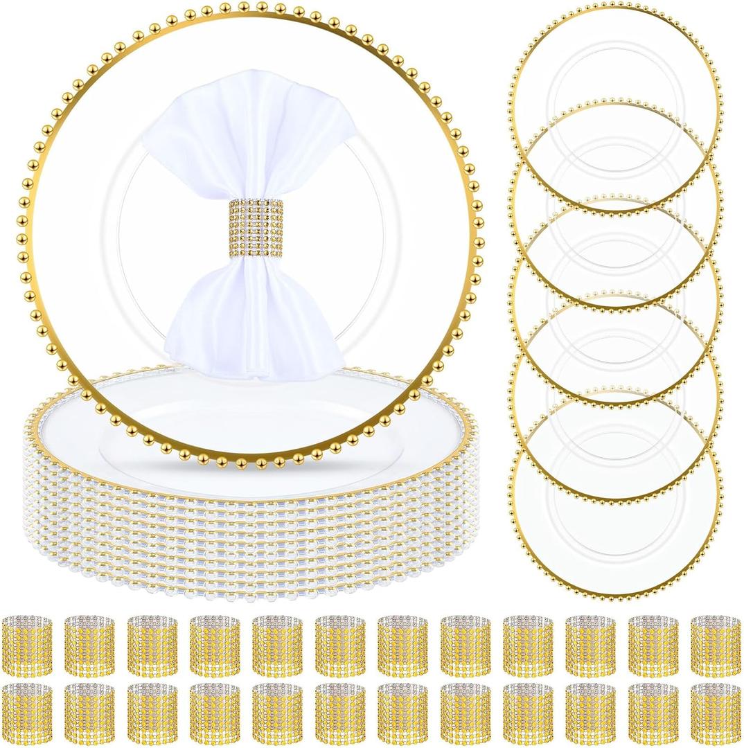 Uiifan 100 Pcs 50 Sets Clear Gold Charger Plates and Napkin Rings Including 13 Inch Plastic Beaded Rim Acrylic Charger Plates Napkin Rings for Wedding Party Dinner Table Events Decoration (Gold)