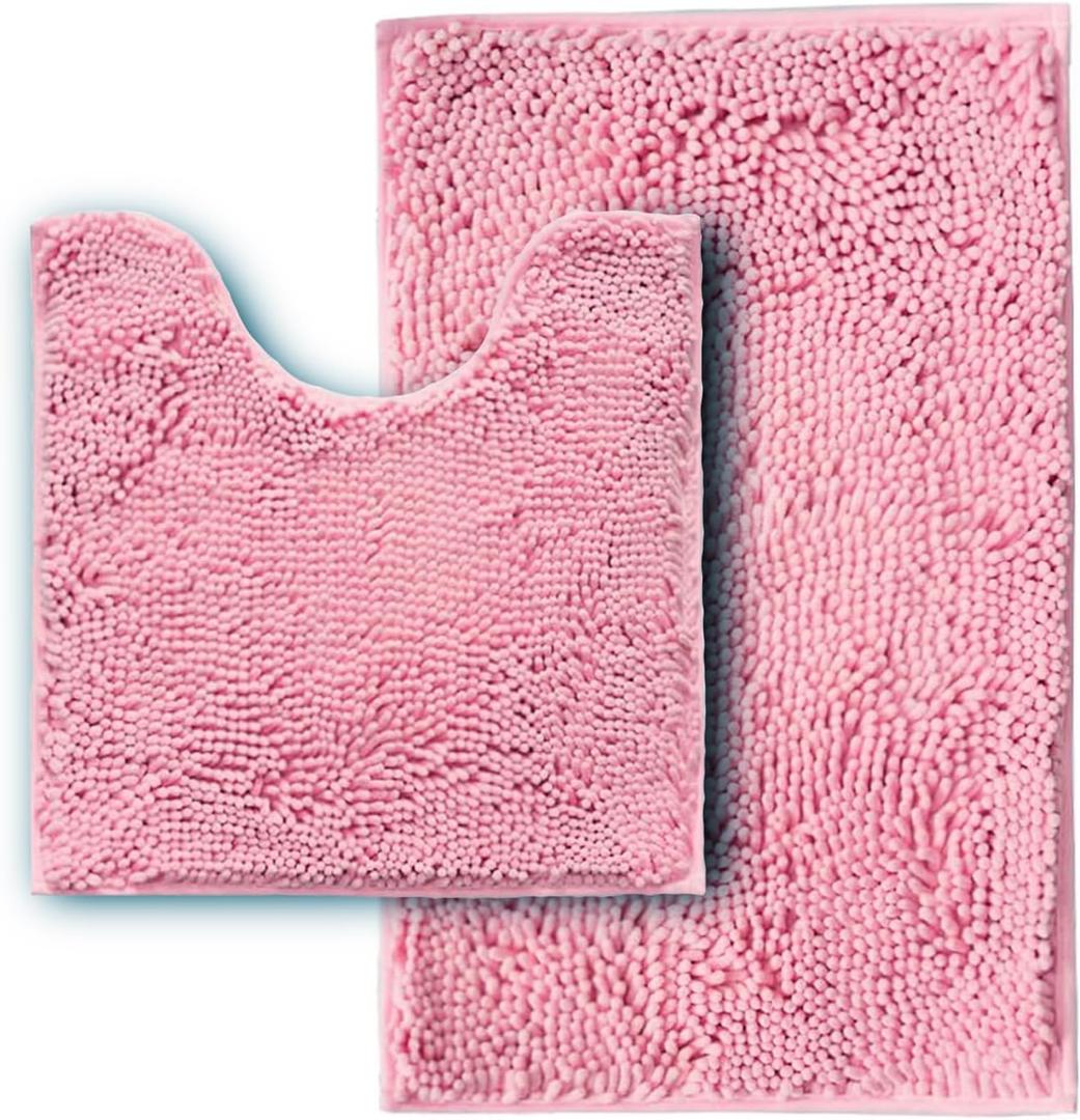 Bathroom Rugs Sets 2 Piece,Super Absorbent Soft,Thick,Machine Washable Chenille Bath Mat,Non Slip Toilet Floor Rug,Bath Mats for Bathroom,20x32 Plus 20x20 U Shape,Pink