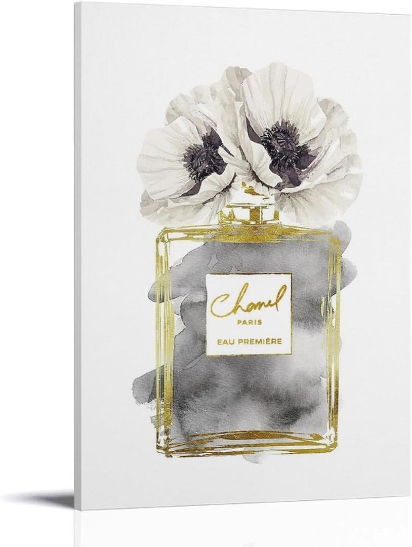 WEboL Fashion Gold Perfume Bottle Grey White Poppy Decorations for Bedroom Decorative Painting Canvas Wall Art Picture Print Modern Family Bedroom Decor 12x18inch(30x45cm),Unframed