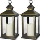 2-PACK 14 Inch Vintage Decorative Candle Lanterns With Timer - IP44 Waterproof Distressed Gold Decorative Outdoor Lanterns Battery Powered - Hanging Decorative Lanterns For Wedding Indoors