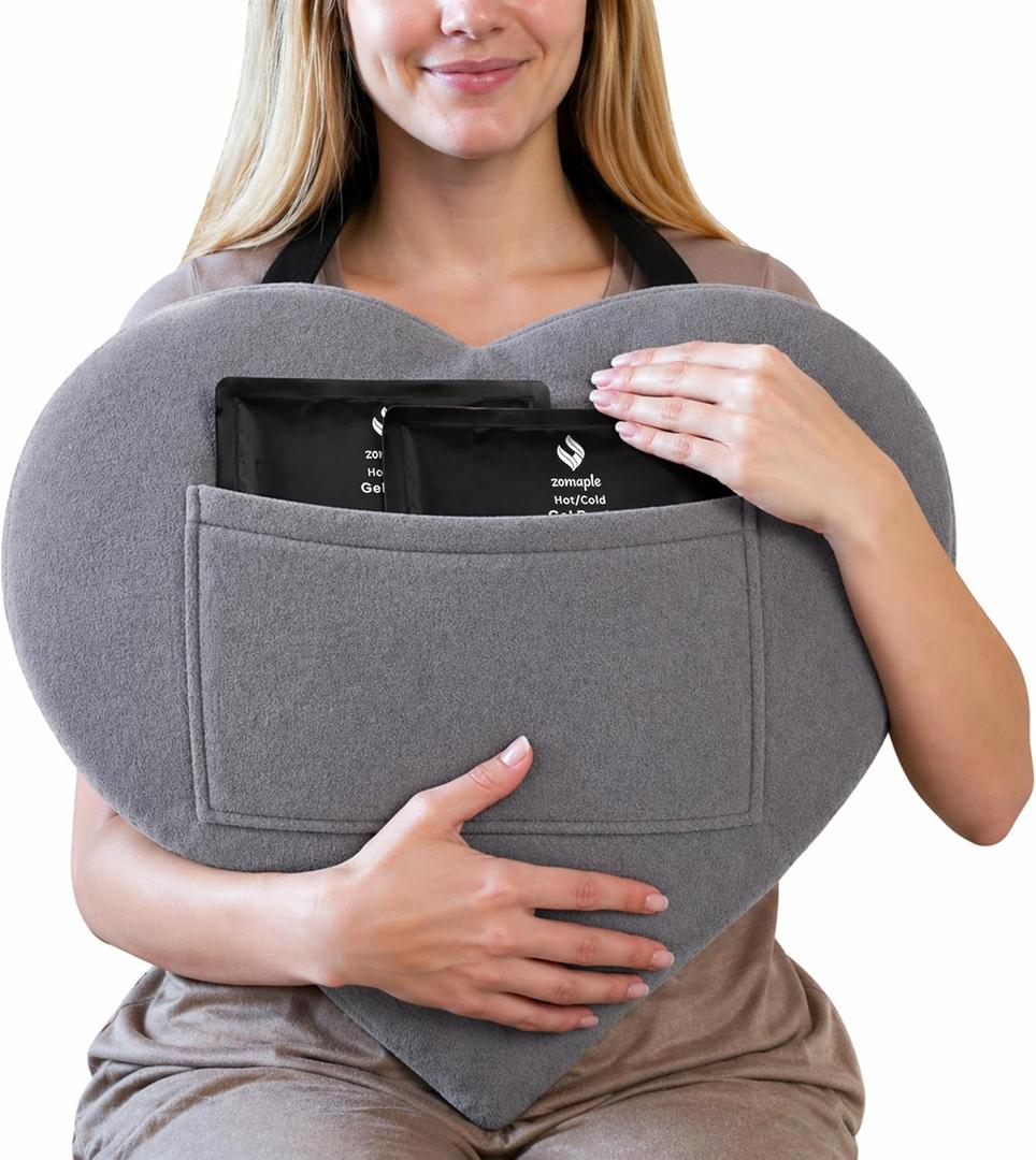 Zomaple Open Heart Surgery Pillow + 2 Gel Pack, Grey Eases Chest Pressure for Calmer Rides & Rest Hot/Cold Comfort, Torso Support, Cover Included Gift-Ready Heart Pillow for After Heart Surgery