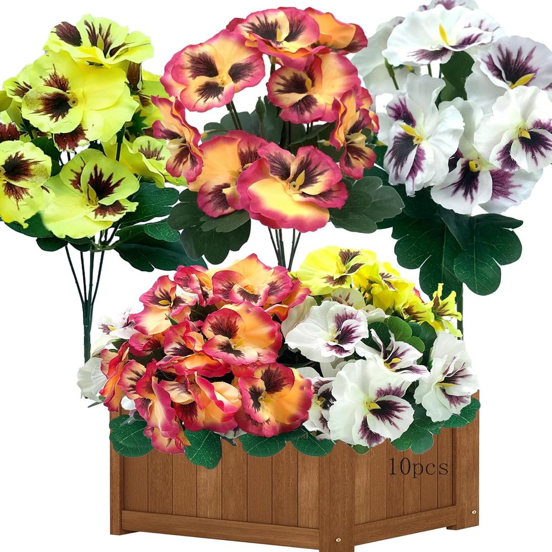 Artificial Fall Flowers for Outdoors,10 Bundles Fake Mums Silk Pansy Flowers,UV Resistant Pansies Faux Plants Outdoor Decorations for Patio,Porch Planters(Mix-Color) (4yellow+3sunset+3white)