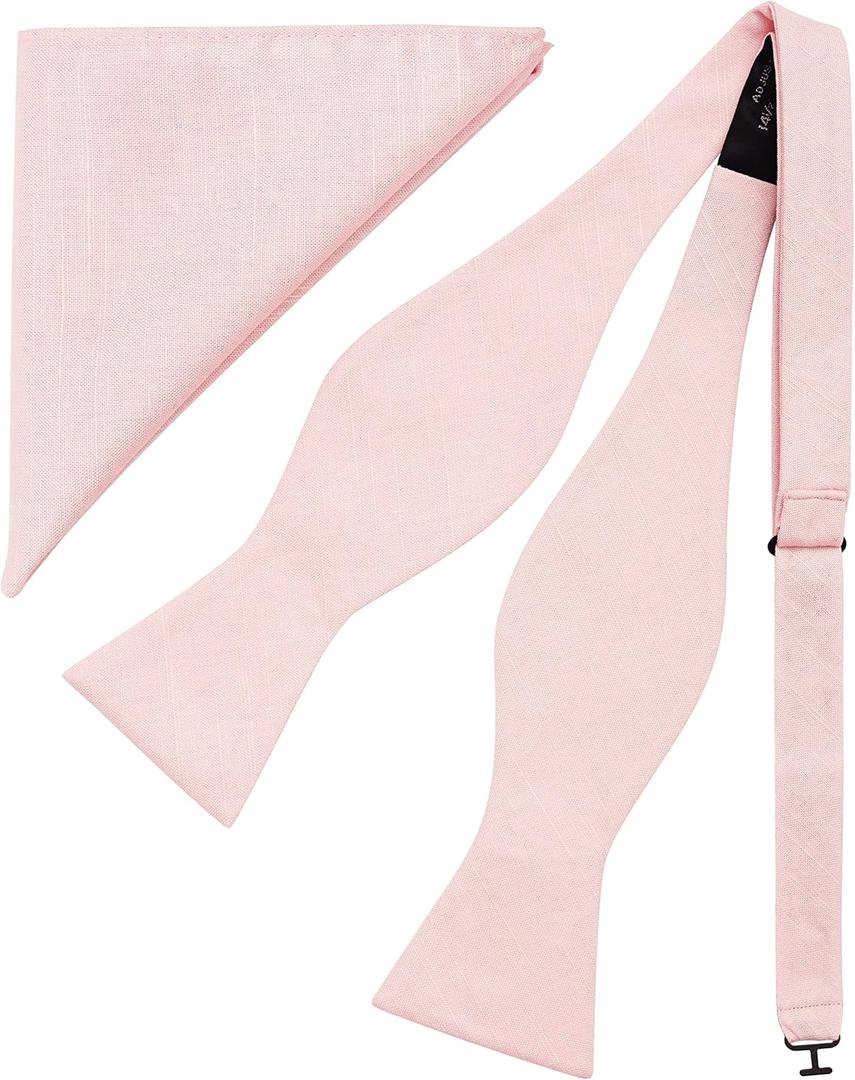 BELLUNO Solid Bow Tie and Pocket Square for Men Tuexdo, Self-Tied Cotton Linen Bow Tie Set