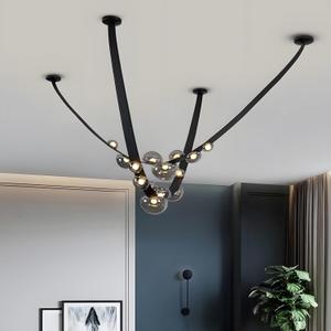 MIXL-Modern Living Room Chandelier, Black Pendant Light Fixture with Smoke Gray Glass Lampshade, Adjustable Bedroom Chandeliers, Minimalist Pendant Lights for Kitchen Island, Dining Room (1 Pcs)