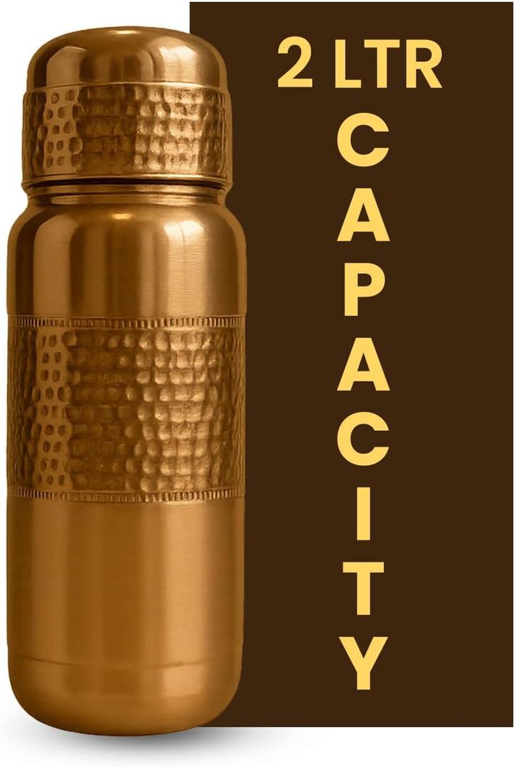 Leathervine 100% Pure Copper Water Bottle for Drinking 64 oz with Lid| Leak Proof Ayurvedic Vessel to Support Digestion, Immunity | Lightweight, Eco-Friendly, Travel Use, Best Gift for Wellness Lovers