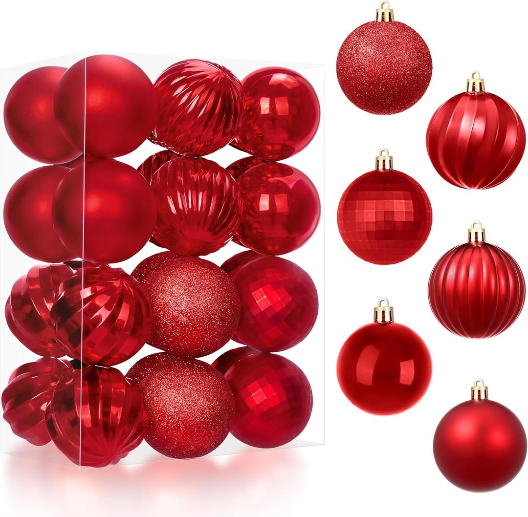 JOIEDOMI 24 Pcs Red Christmas Balls Ornaments Set, 2.36" Christmas Tree Ornaments Shatterproof, Xmas Balls Hanging Decorations for Tree Wreath Garland Holiday Wedding Indoor Party Decor