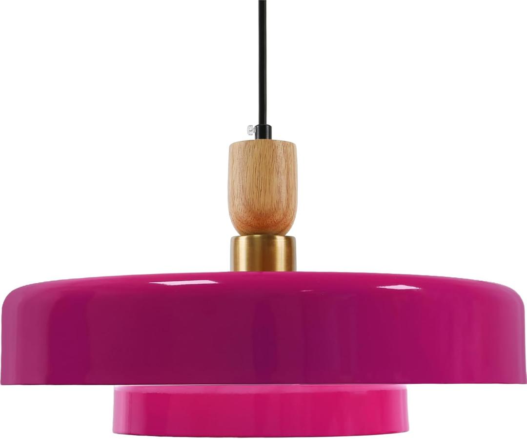 Mid Century Purple Pendant Lamp with Wood & Brass Accent, 70s Retro Adjustable Hanging Light, Vintage Ceiling Light Fixture for Farmhouse Kitchen Dining Room, 13.8 Inch