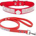 Haoyueer Cute Dazzling Sparkling Elegant Fancy Soft Suede Leather Bling Rhinestone Crystal Jeweled Pet Cat Dog Puppy Collar Dog Leash Combo Set (M, Red-5)