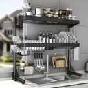 Over Sink Dish Drying Rack, 3-Tier Full Stainless Steel Drainer Dish Rack Adjustable 20.9''-37.4'', Expandable Multifunctional Kitchen Organizer, 3 Tier with Flat Grid