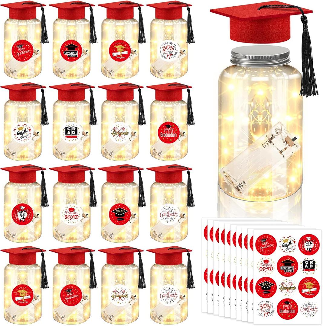 Phoncoo 16 Sets 2026 Graduation Table Decoration with LED Lights, Mason Jar Graduation Centerpieces for Tables with Grad Cap, Stickers for College High Middle School Grad Party Supplies Gifts(Red)