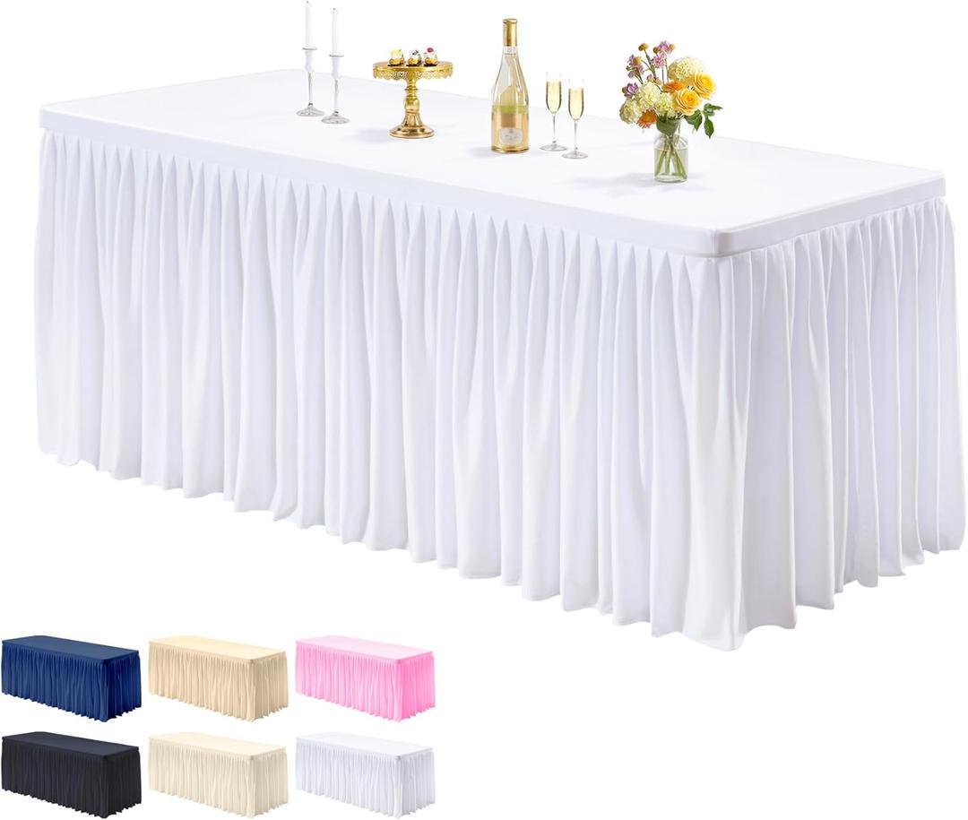 PARTISKY 1 Pack White Tablecloths for Rectangle Tables 8ft, Wrinkle Resistant White Table Cover Fitted Stretch Table Cloth with Pleated Ruffle Skirts for Party Banquet Dining Birthday Wedding