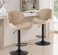 Sweetcrispy Bar Stools Set of 2, Modern Swivel Bar Chairs, Adjustable Fabric Upholstered Barstools Counter Height with Backrest for Bar, Kitchen Island, Dining Room, Beige