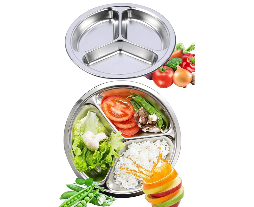 304 Stainless Steel Sectioned Dinner Plates Set of 2 Divided Plates 11 inches with 3 Compartments Mess Trays Food Plate for Adults, Campers, and for Portion Control Metal plate