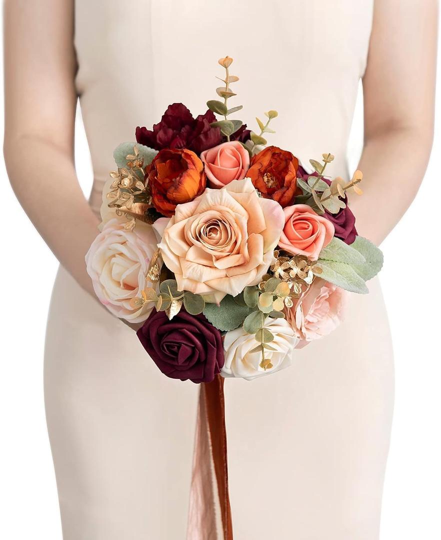 Ling's Moment Terracotta Bridesmaid Bouquet, Burnt Orange Wedding Bouquets for Bridesmaids, 7 Inch Bridal Bouquets for Bridesmaids, Wedding Decor, Ceremony, Anniversary, Homecoming, etc.