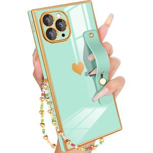 Petitian for iPhone 11 Pro Max Case Stand/String, Luxury Cute Women Girls Heart Electroplated Designer Phone Cases for 11 Pro Max, Mint Green