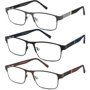 3-Pack Reading Glasses for Men Blue Light Blocking Trendy Metal Frame Computer Readers with Spring Hinges Anti Eye Strain/Glare Uv Ray Filter Eyeglasses(+1.0 Magnification Strength)