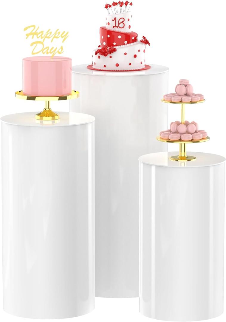 Wokceer Cylinder Pedestal Stands for Party White 3Pcs Large Round Cylinder Tables for Parties Pedestal Display Plinth Pillars for Wedding Birthday Party Art Decor 15.7*35.4"(L)