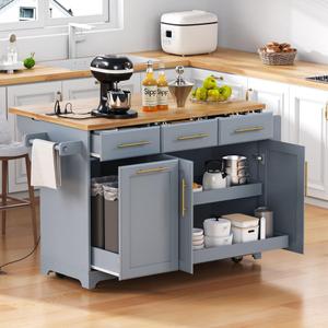 Merax 59.3" Grey Blue Kitchen Island with Storage, 2 Pull Out Cabinet Organizers & Rubber Wood Drop Leaf, Rolling Island Table with Trash Can Storage, Power Outlet, Spice Rack for Kitchen Dining