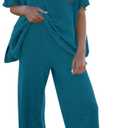 Tankaneo Women's 2 Piece Travel Outfits Casual Short Sleeve Knit Sweater Set Wide Leg Pants Lounge Sets Tracksuit (Small, Lake Blue)