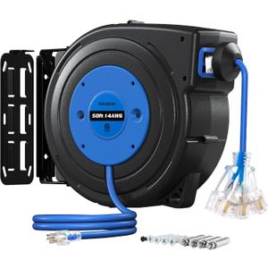 SURAIELEC 50FT Retractable Extension Cord Reel, 14AWG/3C SJTOW Heavy Duty Power Cord with Lighted Triple Tap, 13A Circuit Breaker, Ceiling/Wall Mount for Garage, Shop, Workshop, ETL Listed, Blue