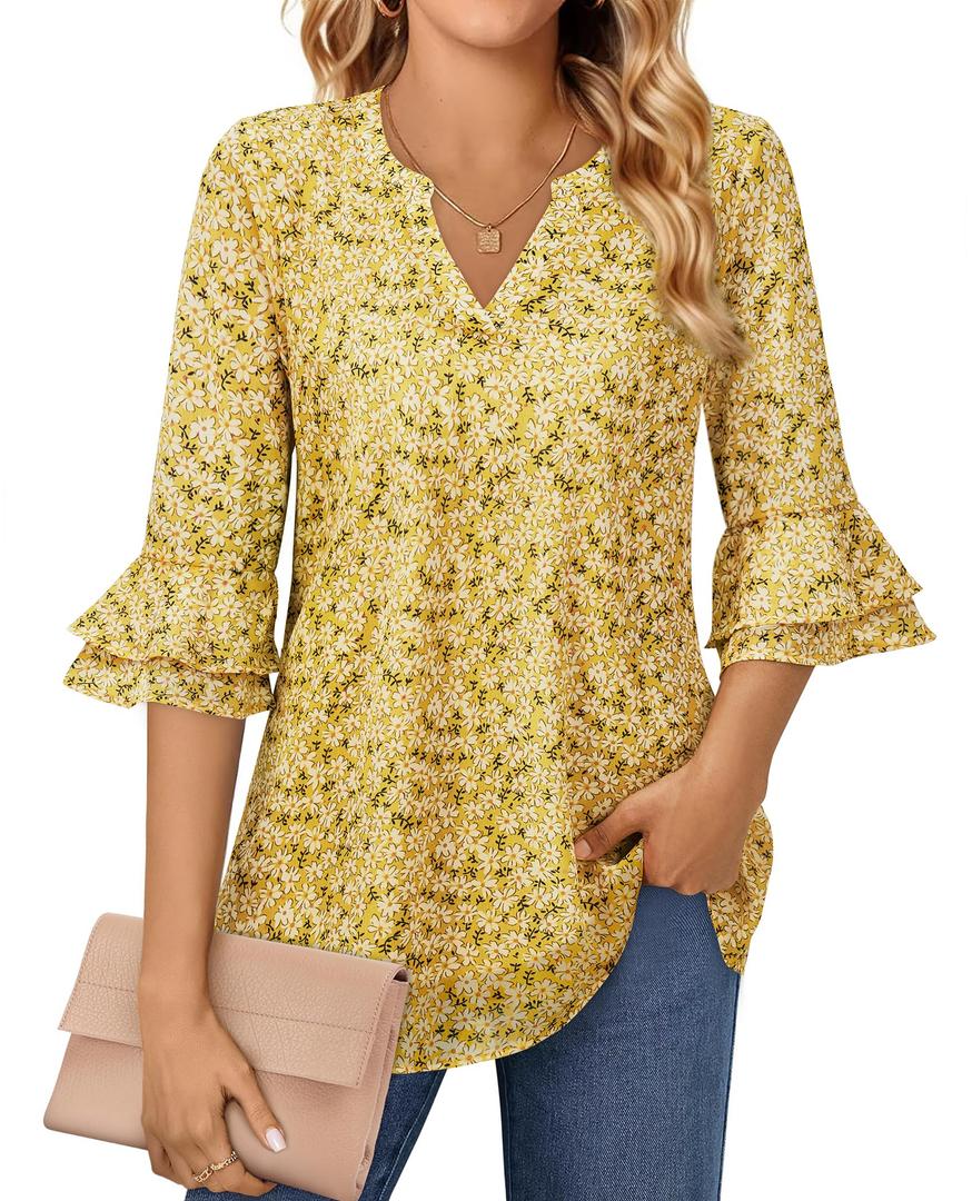 Business Casual Tops for Women 3/4 Sleeve Floral Tops Bell Sleeve Dressy Casual Womens Blouses for Work Professional Western Office V Neck Shirts Chiffon Wedding Evening Date Outfits Yellow Floral M (M)