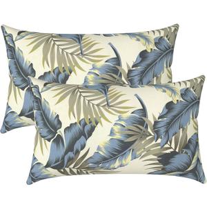 LVTXIII Set of 2 Patio Lumbar Pillows, 12" x 20" Fade Resistant Outdoor Lumbar Pillow with Inners, Fluffy Decorative Garden Lumbar Cushions for Home Patio Coach Sofa Use, Lush Palm Blue