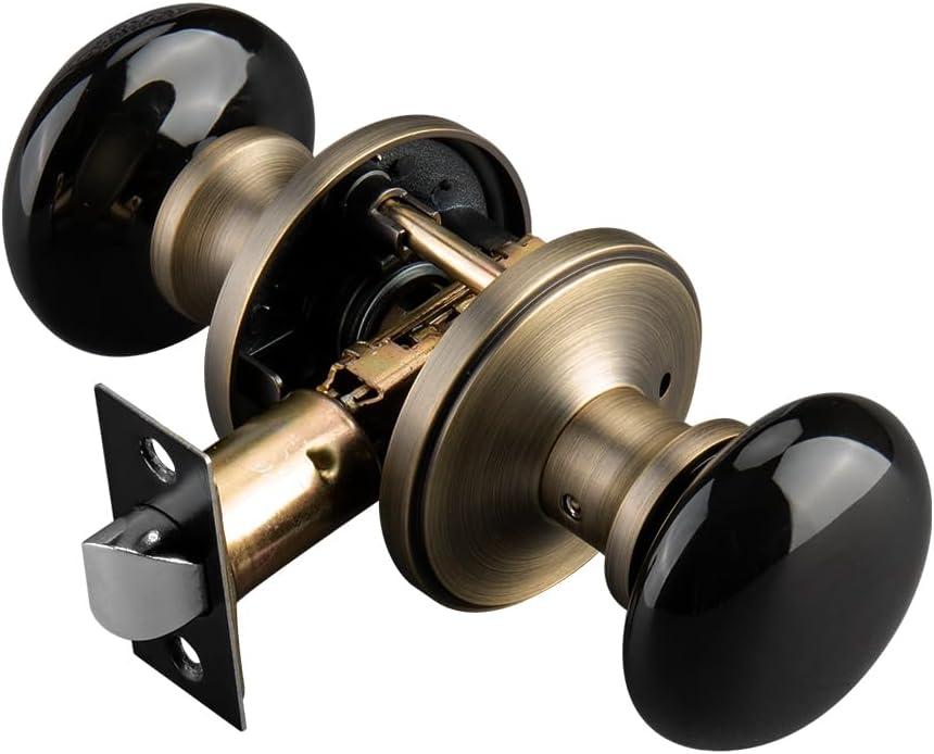 NCL Black Door Knobs, Door Knob Interior, Porcelain Round Door Levers, Antique Brass Privacy Door Handles, Door Locks for Bedroom and Bathroom