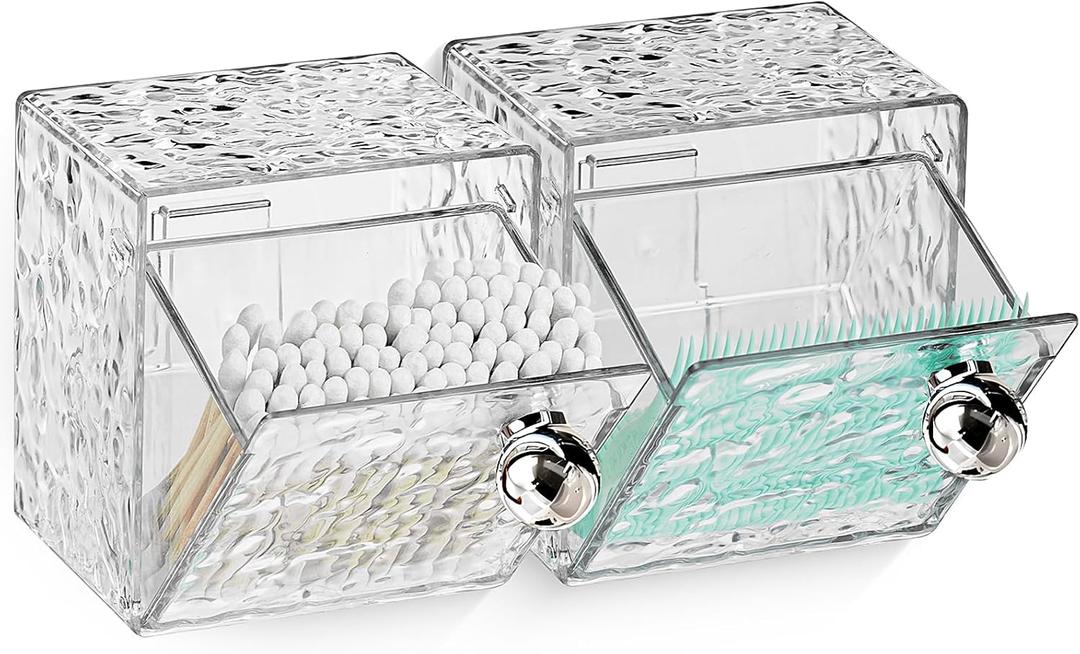 Qtip Holder Dispenser, Wall Mounted Plastic Cotton Pad Holder, Cotton Ball, Swabs, Floss, Makeup Organizers Containers for Vanity Bathroom (Clear, 2 Pcs)