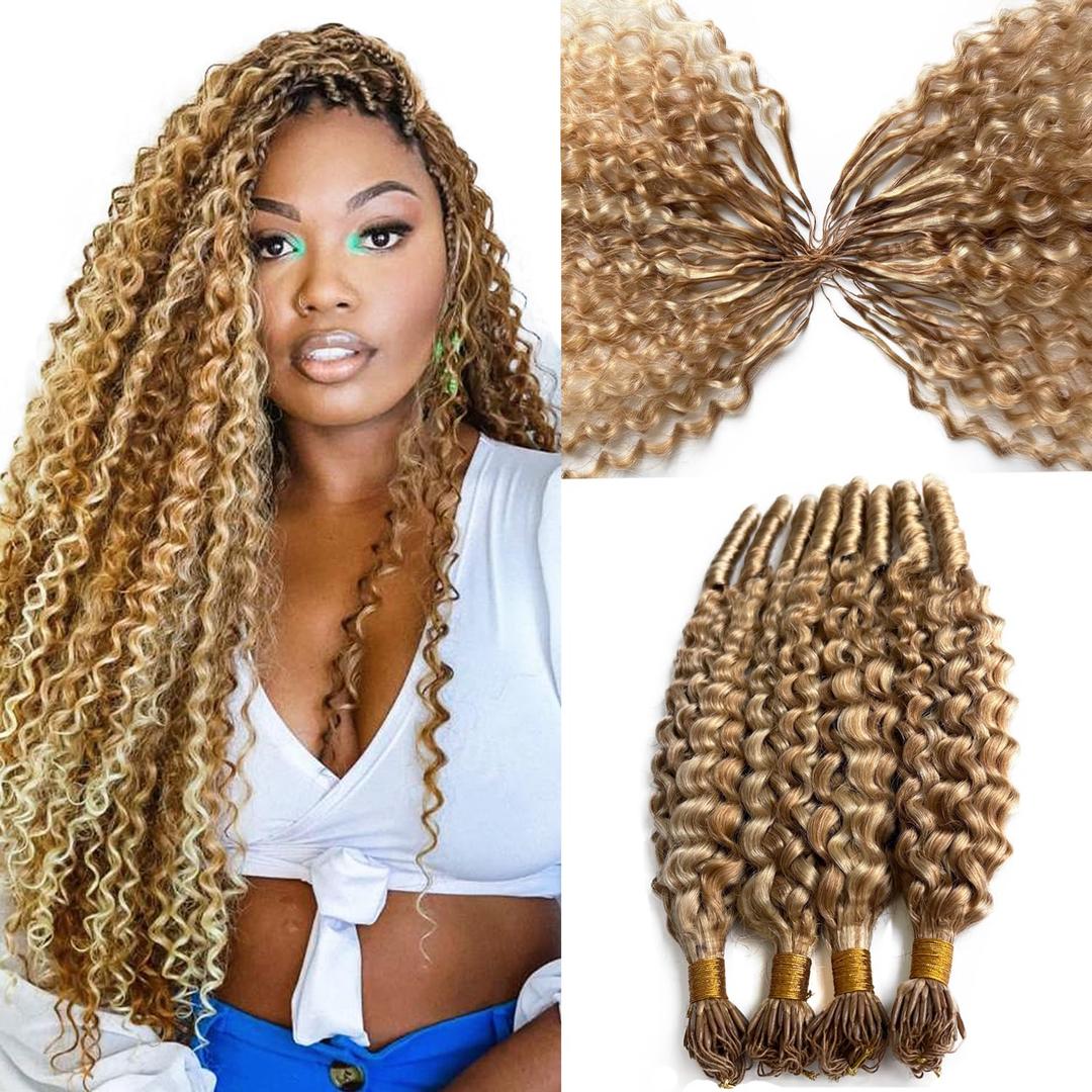 Micro Pre Looped Crochet Human Hair Extensions 20 Inch 50G Burmese Curly Human Feather-Line Invisible Crochet Hair Pre Separated Knotless #27 Honey Blonde Highlight Corchet Human Hair Extension
