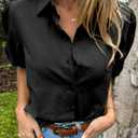 Tankaneo Women's Button Down Shirts Short Puff Sleeve Collared Dressy Casual Blouse Tops (Black, S)