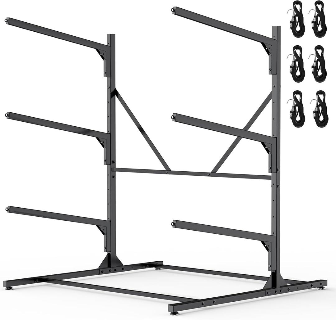 Kayak Storage Rack, Heavy Duty Freestanding Kayak Rack for Garage and Outdoor Storage, Kayak Stand Adjustable for Kayak, Canoe, Surfboard and Paddle Board, 3-Layer
