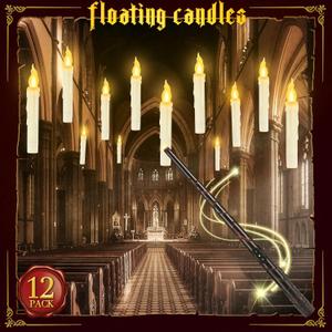 Halloween Decorations - Floating Candles with Wand, 12 Pcs Flameless Candles with Warm Light Flickering, Witch Wizard Christmas Decor for Indoor Home Room Classroom Bedroom Birthday Party