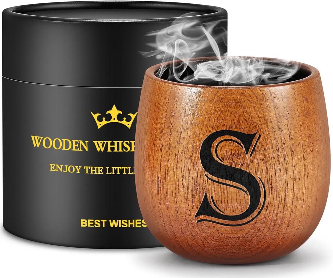 Fathers Day Birthday Gifts for Husband Dad Grandpa, Personalized Gifts for Men, Initial Charred Wooden Bourbon Drinking Glass & Whiskey Glasses Gift, Birthday Gift for Men Dad Husband Brother Him (S)