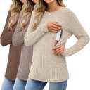 3 Pack Women's Nursing Tops Breastfeeding Shirts Long Sleeve Maternity Ribbed Sweaters with Hidden Zipper (Medium, Brown, Coffee, Apricot)