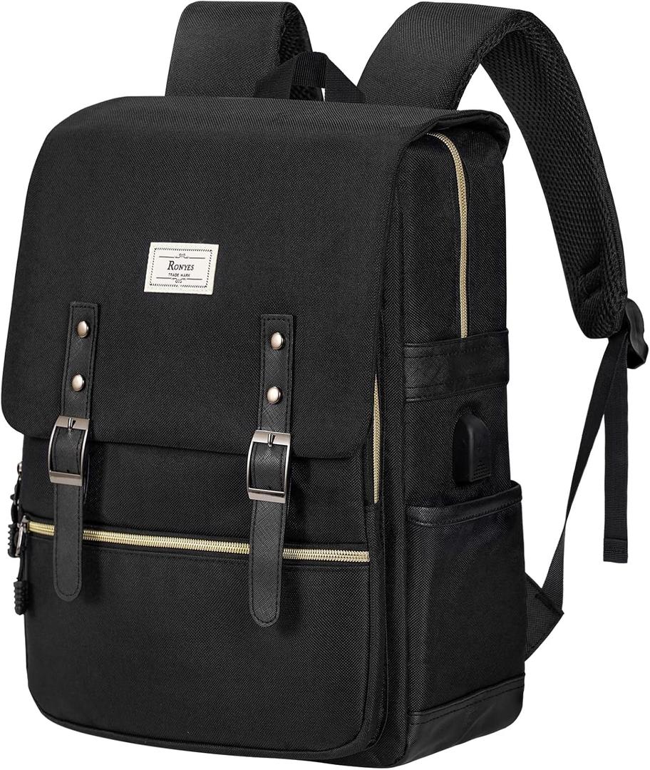 Ronyes Vintage Laptop Backpack for Women Men, 15.6 inch Bookbag Casual Daypack with USB Charging Port for College Work, All Black Backpacks