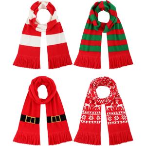 Liitrsh 4 Pack Christmas Knitted Scarves Soft Holiday Knit Scarves with Tassels for Unisex Adult Festive Family Matching Accessories for Christmas Party Photo Gifts